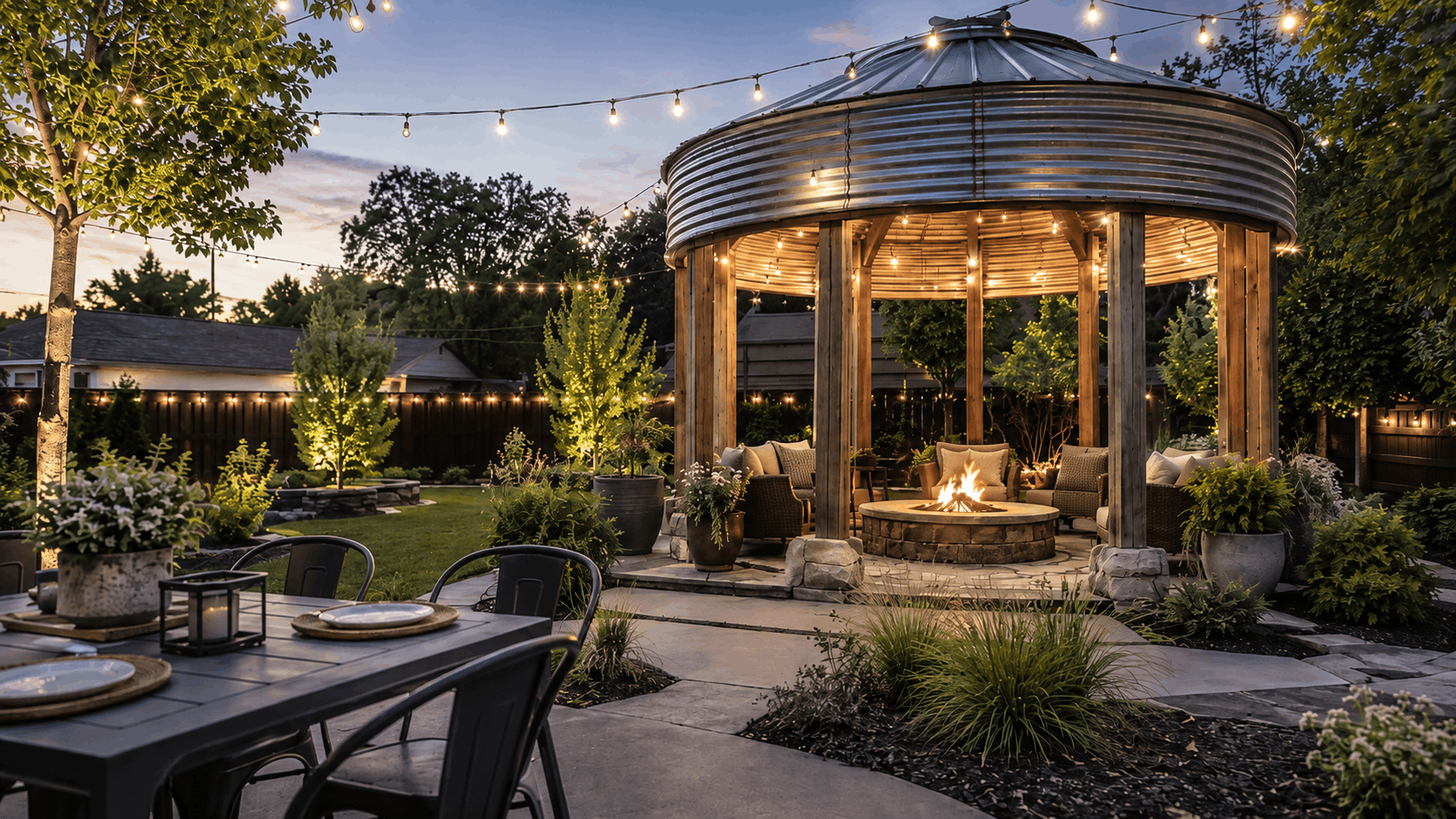 A glowing fire pit beneath a steel grain bin gazebo, surrounded by outdoor seating, string lights, and a dining area at dusk
