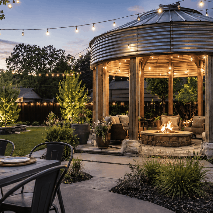 A glowing fire pit beneath a steel grain bin gazebo, surrounded by outdoor seating, string lights, and a dining area at dusk