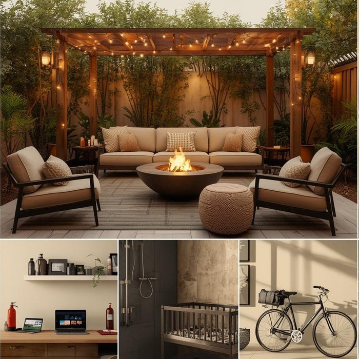 Collage of top Airbnb amenities including smart lock, coffee station, outdoor seating, welcome basket, and more
