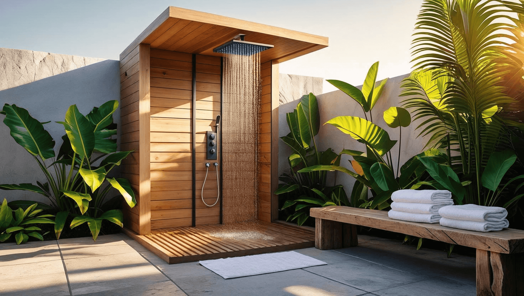 photo of a wooden outdoor shower with bench and towels