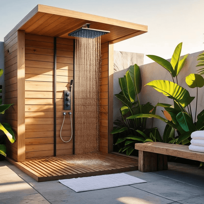 photo of a wooden outdoor shower with bench and towels