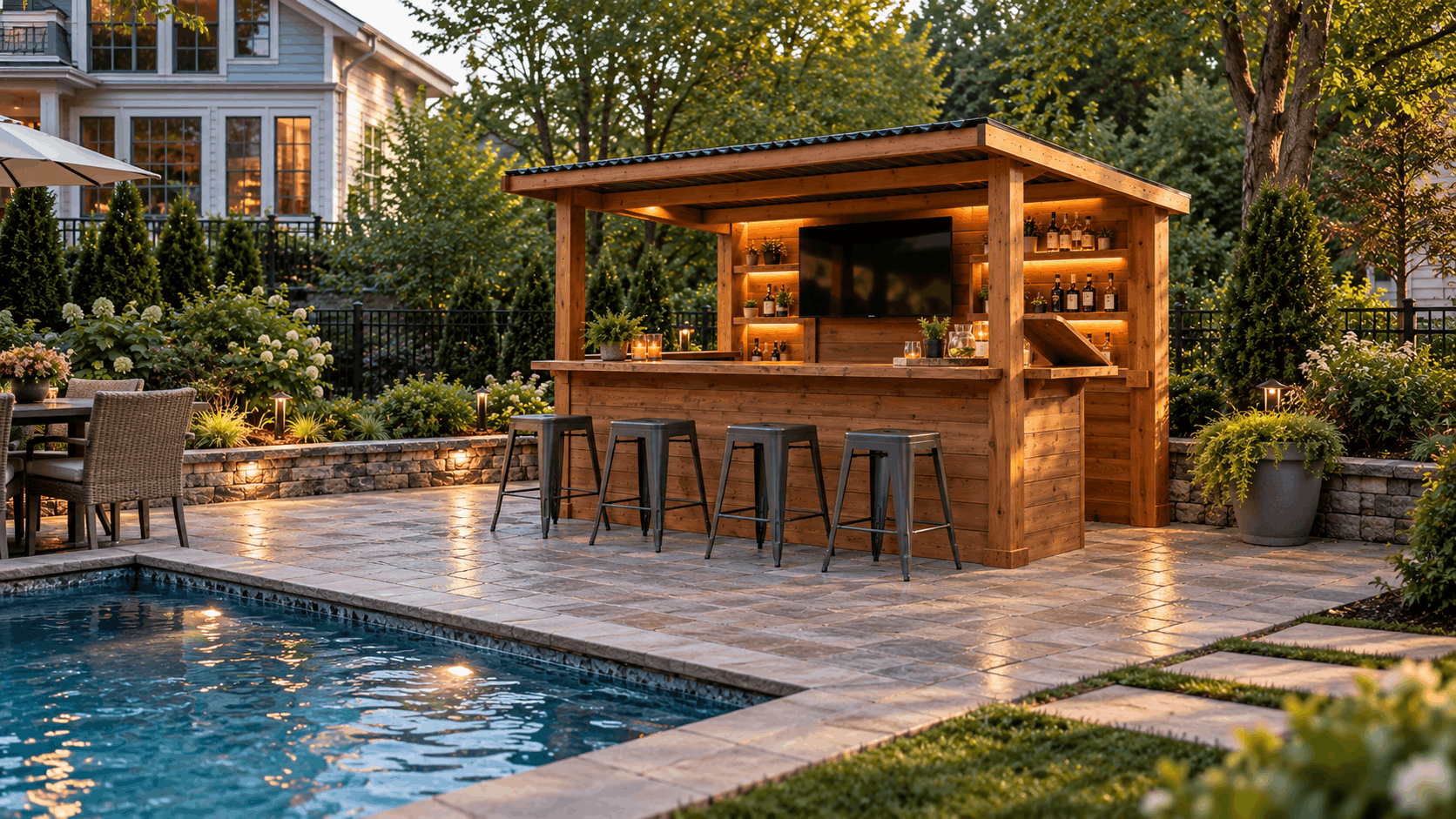 Stained wooden outdoor bar beside a backyard pool with covered roof, bar stools, and weather-resistant finishes