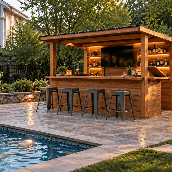 Stained wooden outdoor bar beside a backyard pool with covered roof, bar stools, and weather-resistant finishes