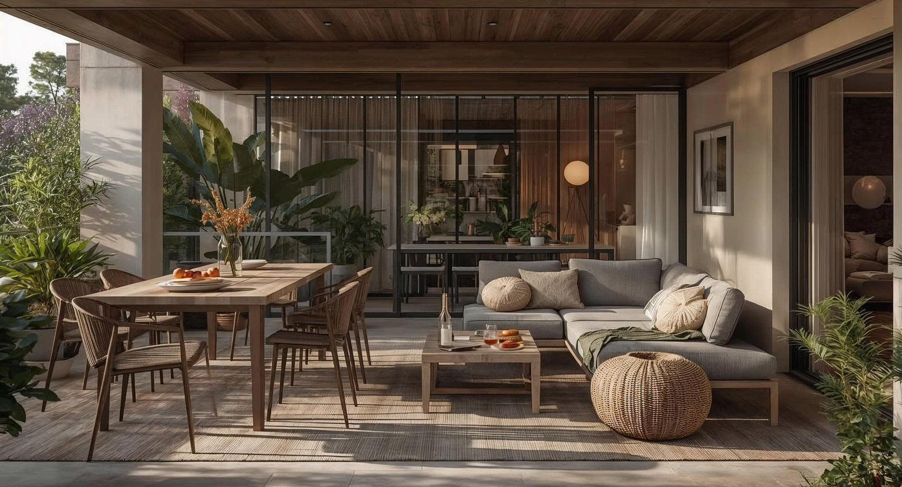 Modern outdoor dining and lounge setup showcasing Airbnb outdoor design ideas with natural textures and warm lighting