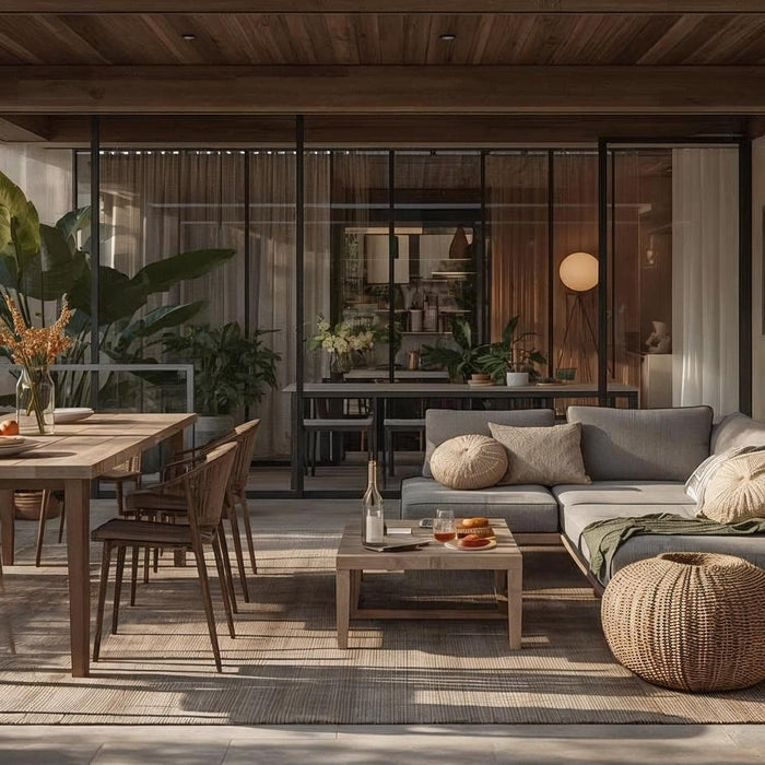Modern outdoor dining and lounge setup showcasing Airbnb outdoor design ideas with natural textures and warm lighting
