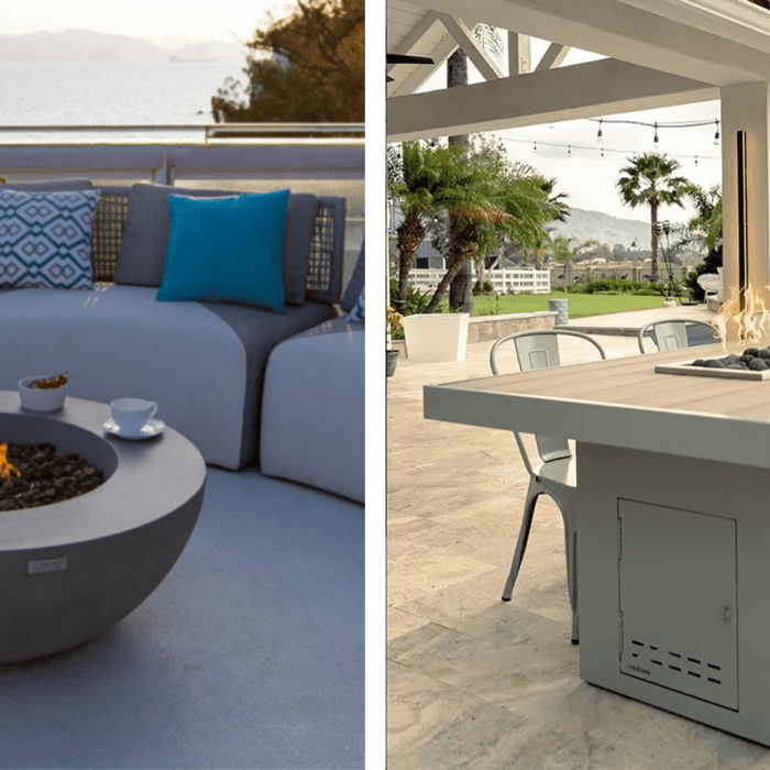 Elementi round concrete fire pit beside seaside seating and The Outdoor Plus linear fire table in a luxury backyard.