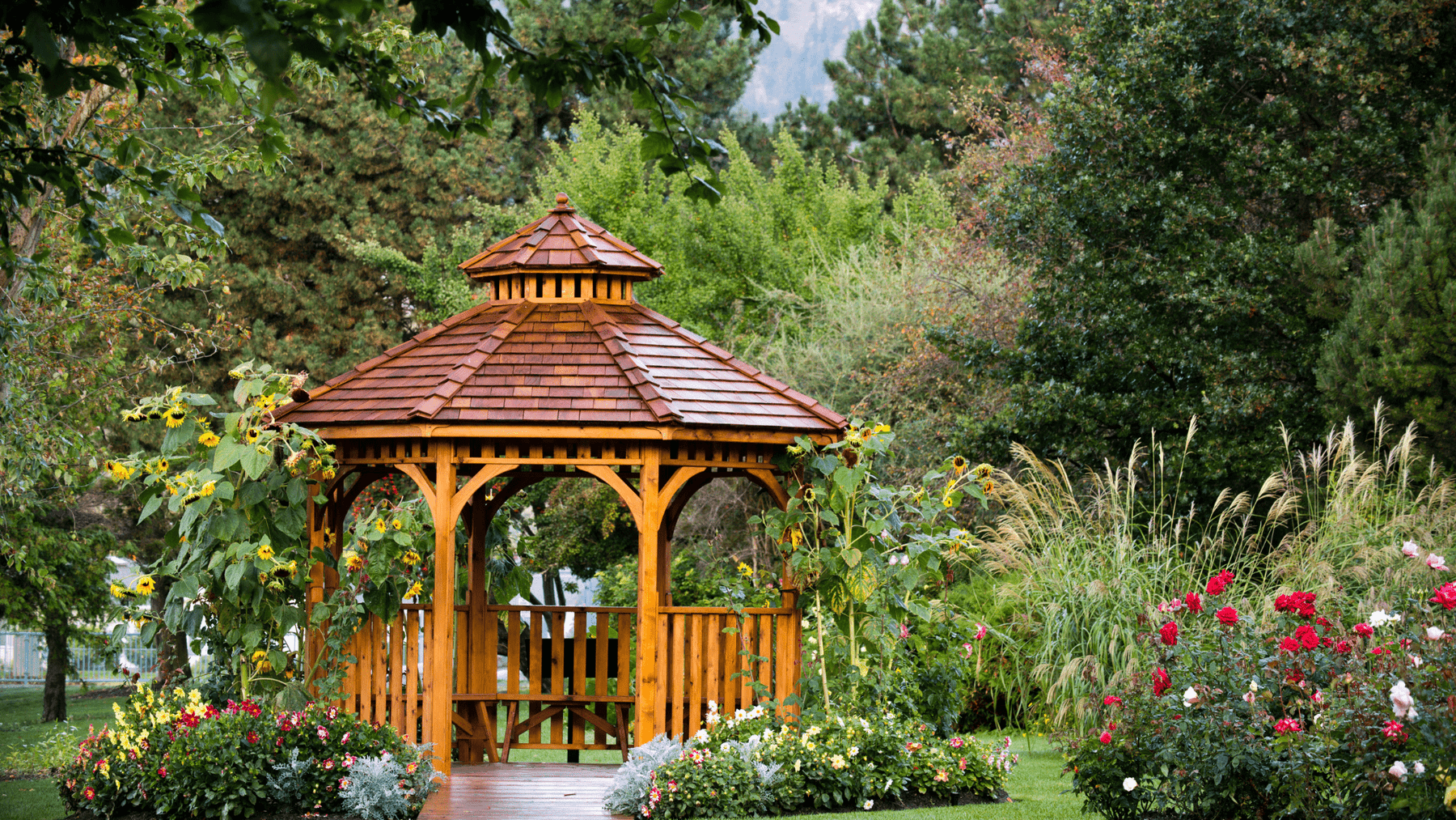 wooden gazebo at a garden