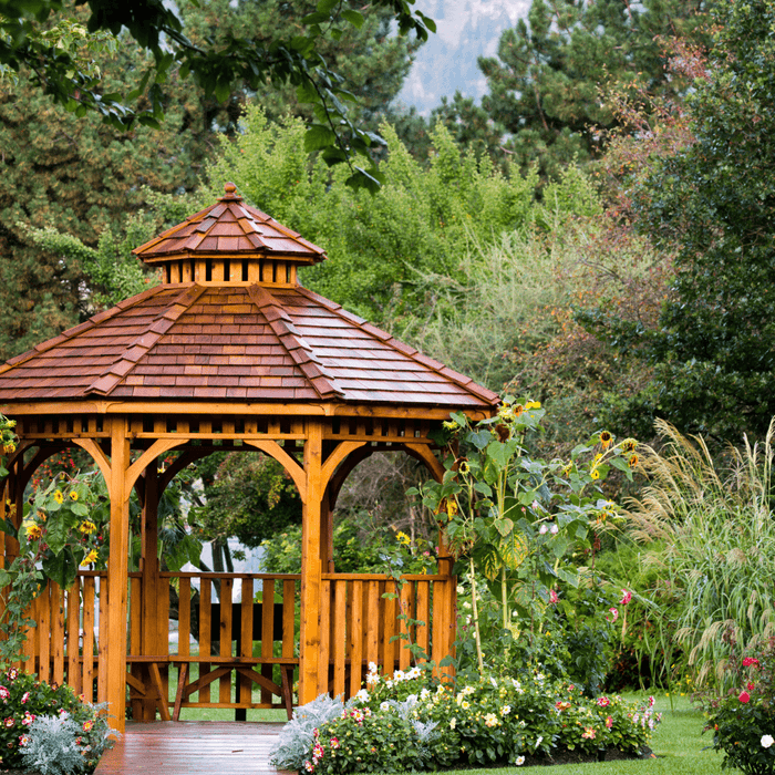 wooden gazebo at a garden