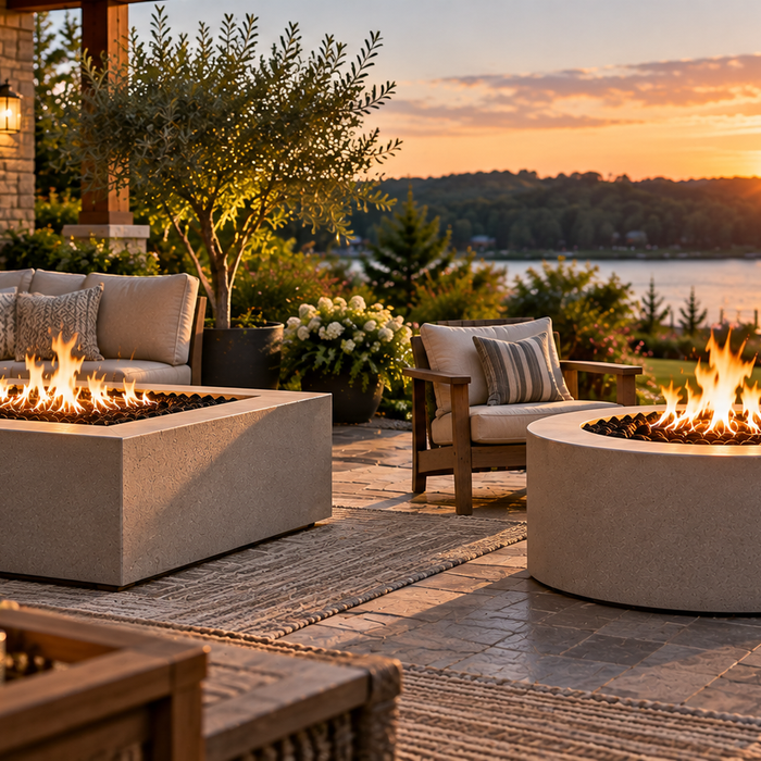 Square and round gas fire pits on a landscaped lakeside patio at sunset, showing how each shape fits different outdoor seating arrangements.