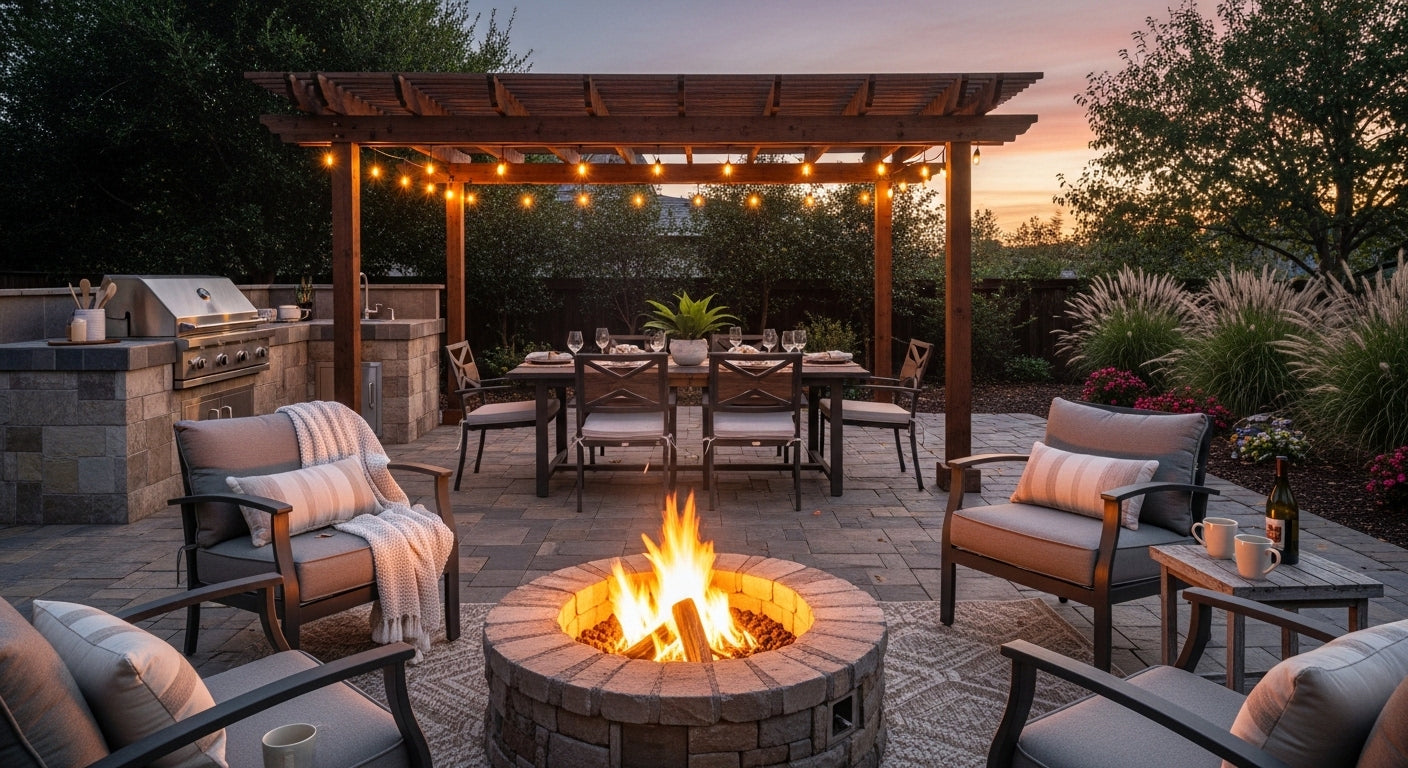 Vacation rental outdoor space with fire pit, string lights, and dining area showing high-ROI Airbnb backyard improvements for short-term rental hosts