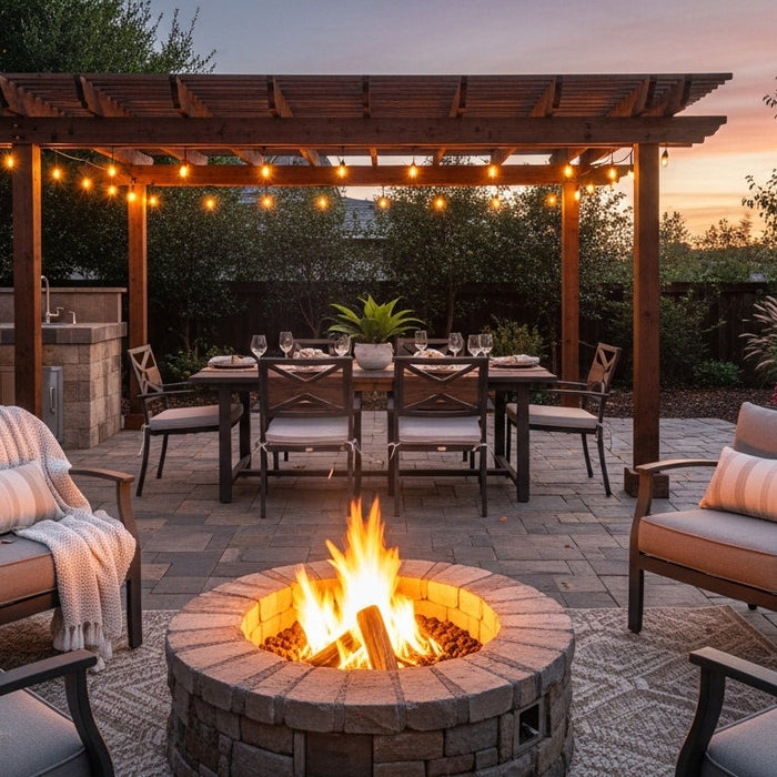 Vacation rental outdoor space with fire pit, string lights, and dining area showing high-ROI Airbnb backyard improvements for short-term rental hosts