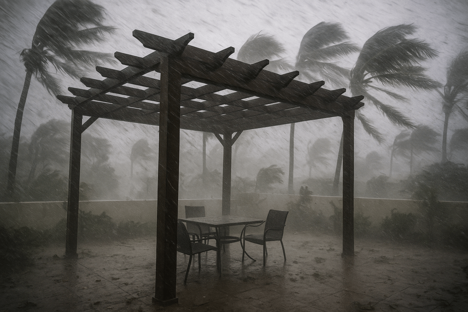 pergola standing tall amidst strong rains and wind