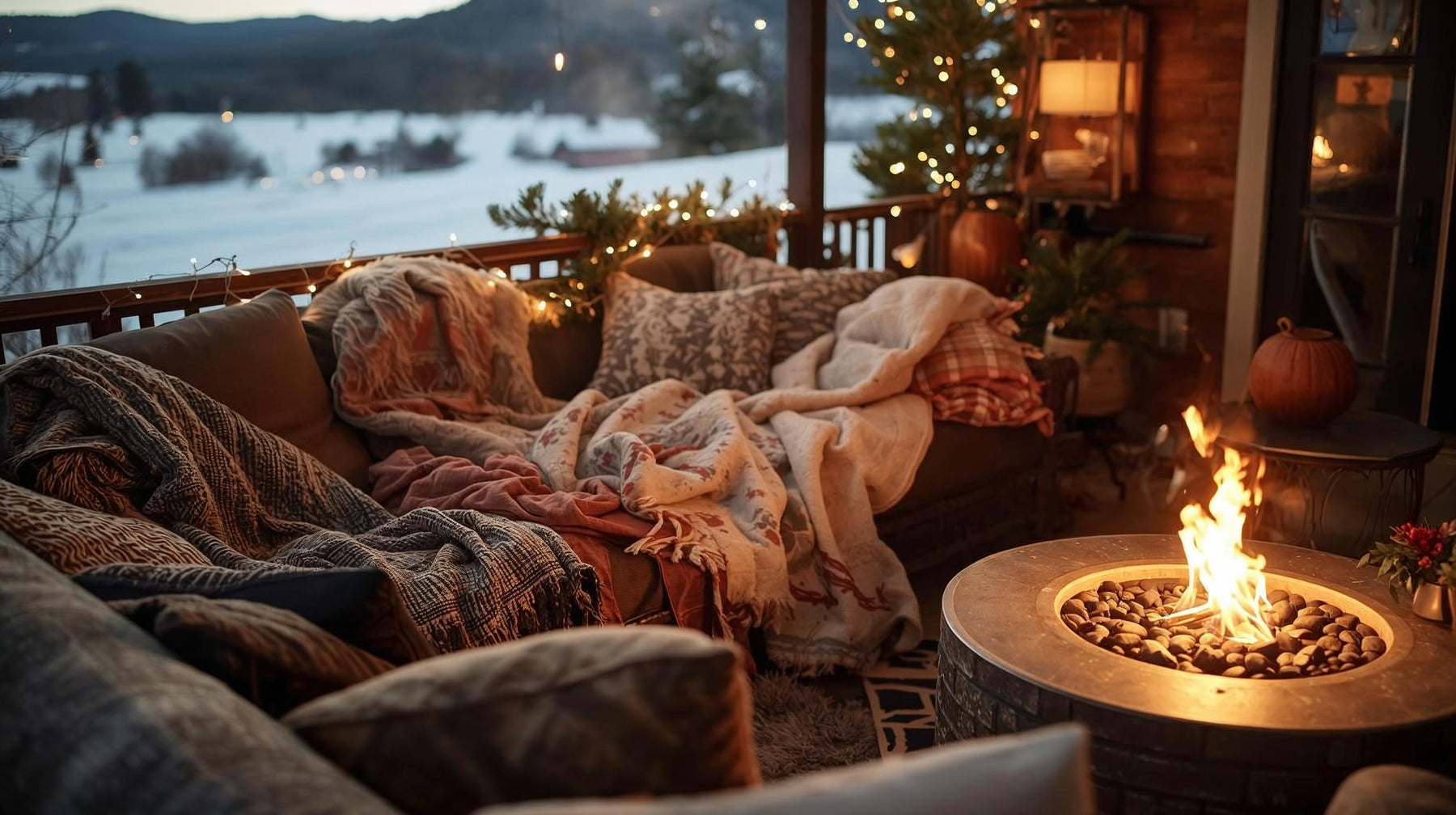 Cozy fire-lit deck showcasing Instagrammable winter patio ideas.