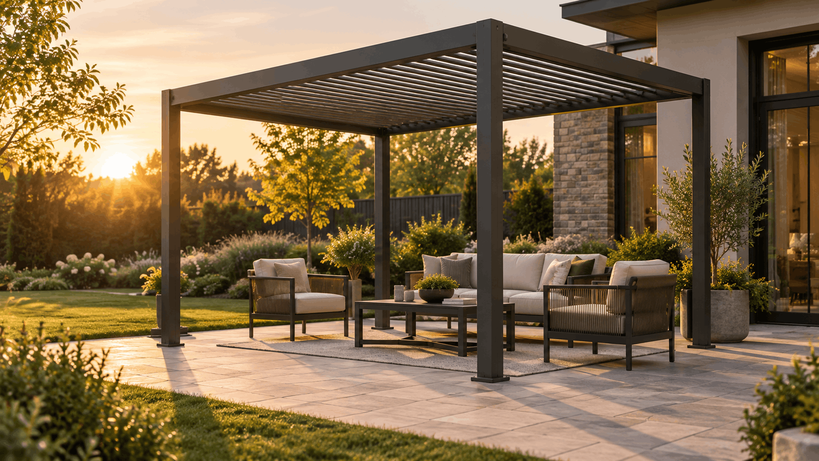 Black aluminum louvered pergola with adjustable roof slats over an outdoor seating area at sunset