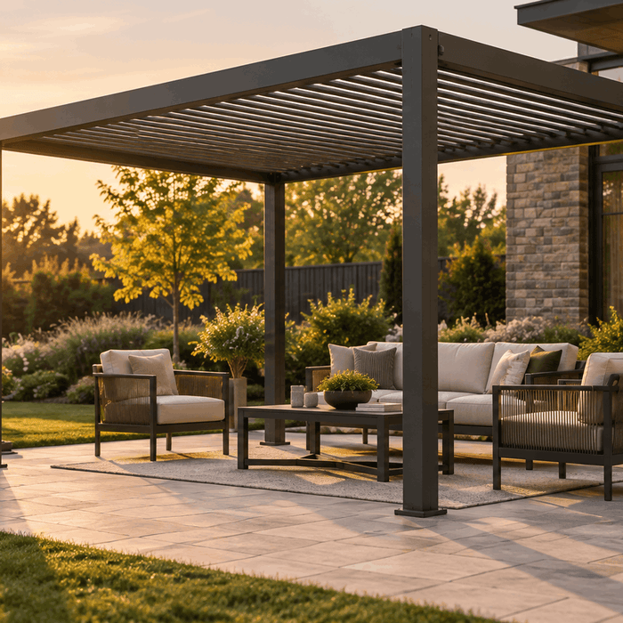 Black aluminum louvered pergola with adjustable roof slats over an outdoor seating area at sunset