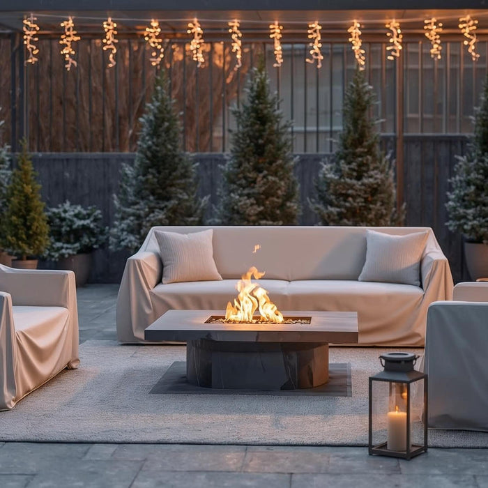 Covered patio seating and fire table showing how to winterize outdoor furniture in winter.