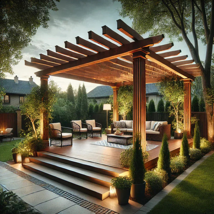 well lit outdoor space with a pergola