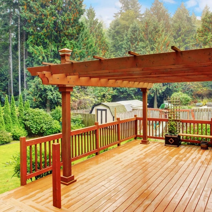 wooden pergola on a deck