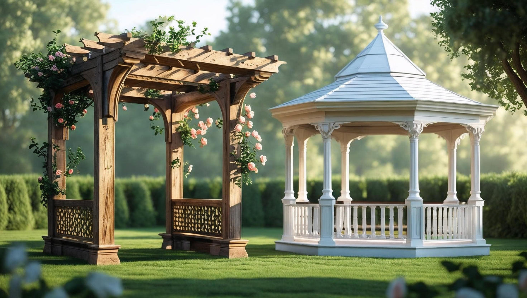side by side photo of a pergola and a gazebo