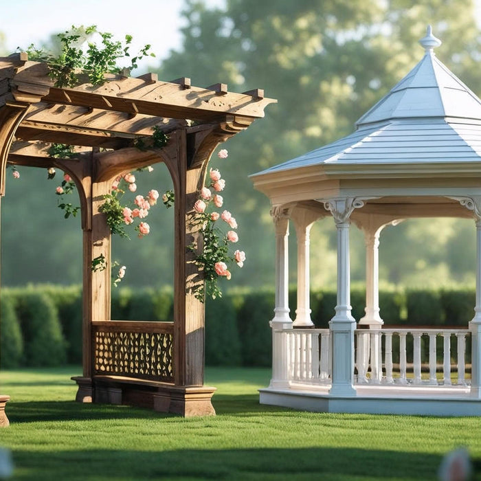 side by side photo of a pergola and a gazebo