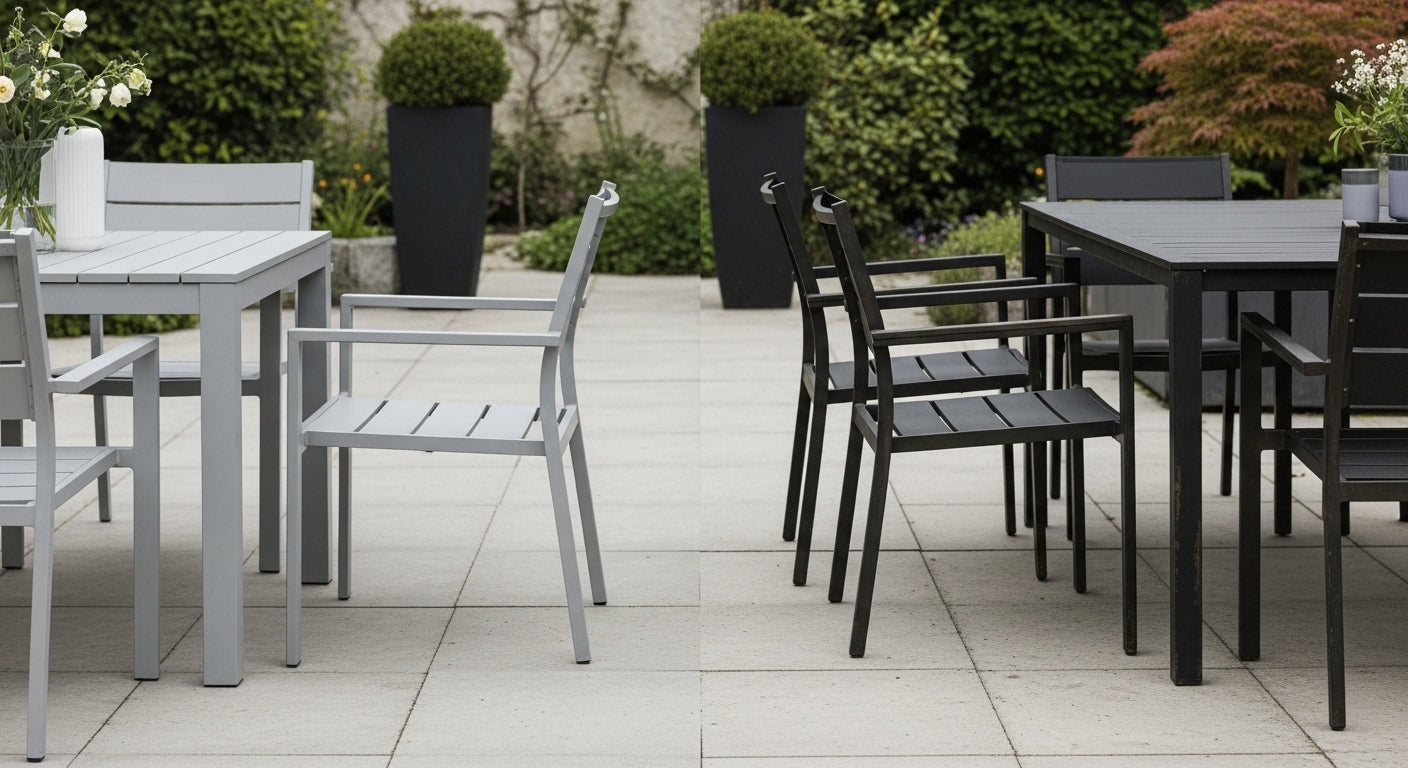 Outdoor patio comparison of powder-coated aluminum and steel furniture showing real-world durability differences.