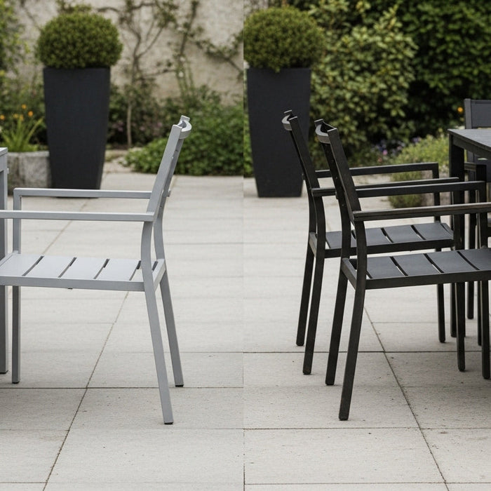 Outdoor patio comparison of powder-coated aluminum and steel furniture showing real-world durability differences.