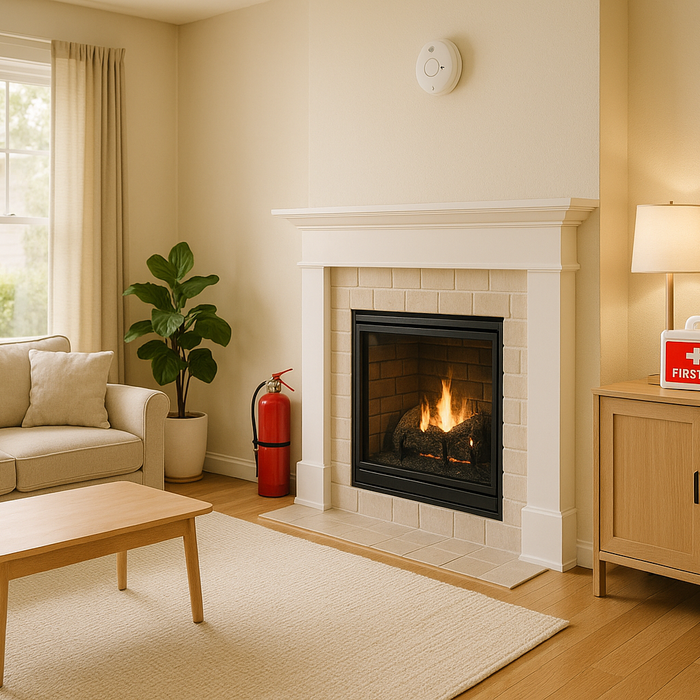 A bright living room with visible safety items — fire extinguisher, smoke detector, first aid kit, and safety notice — creating a calm and secure atmosphere.