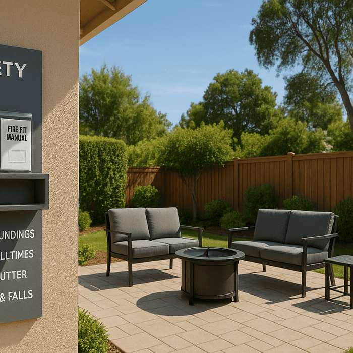 A bright Airbnb backyard showcasing outdoor safety upgrades, including stable patio furniture, clear walkways, safety signage, and a designated guest safety zone.