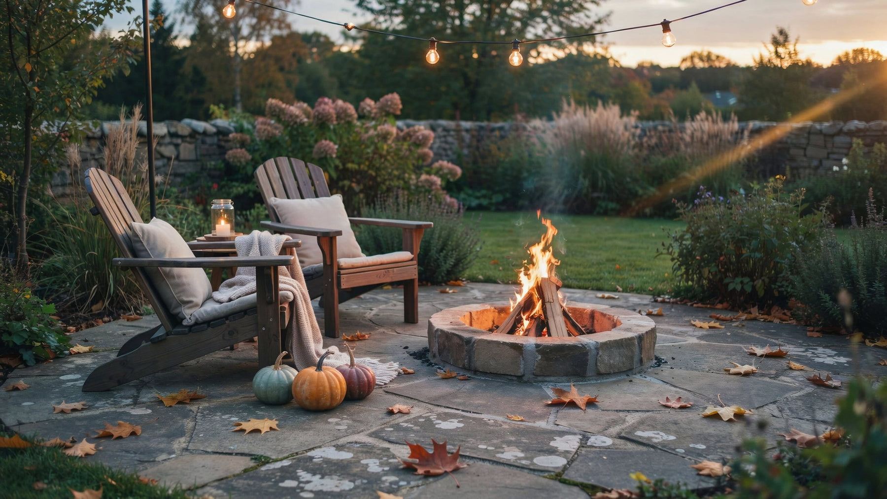 Alt text (110 characters, no punctuation to match your og_image_alt convention):  "Cozy fall backyard patio with lit stone fire pit wood adirondack chairs string lights and pumpkins at sunset