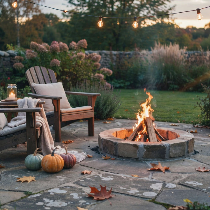 Alt text (110 characters, no punctuation to match your og_image_alt convention):  "Cozy fall backyard patio with lit stone fire pit wood adirondack chairs string lights and pumpkins at sunset