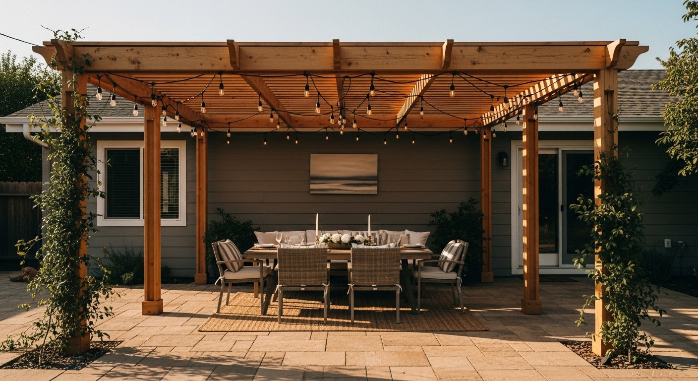 Styled STR backyard patio with a cedar wood pergola, Edison string lights, and an outdoor dining set at golden hour
