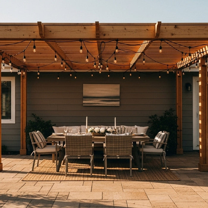 Styled STR backyard patio with a cedar wood pergola, Edison string lights, and an outdoor dining set at golden hour