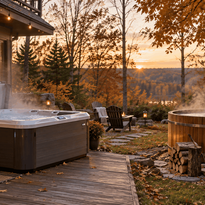 Side-by-side comparison of an electric hot tub and a wood-fired barrel hot tub on a deck at sunset in autumn