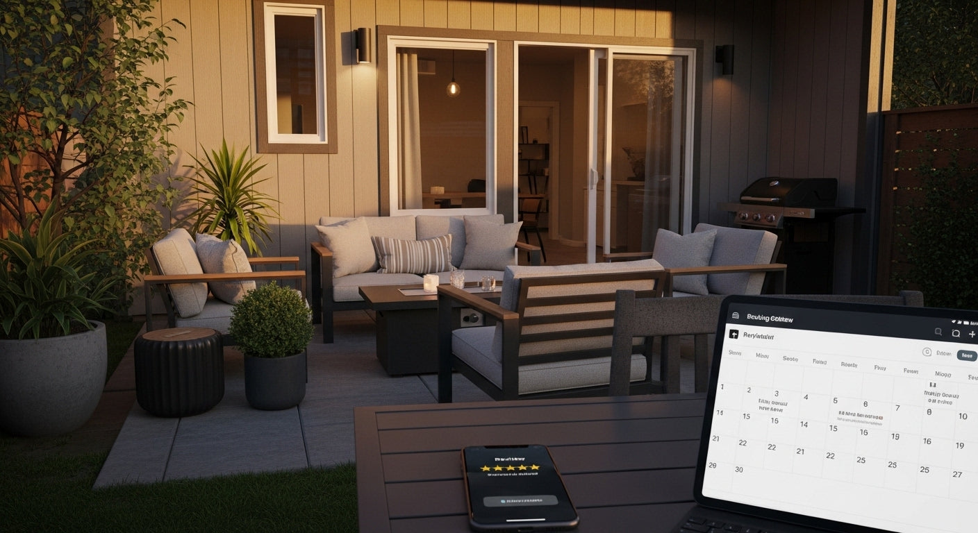 Airbnb backyard patio with laptop and phone showing booking performance.