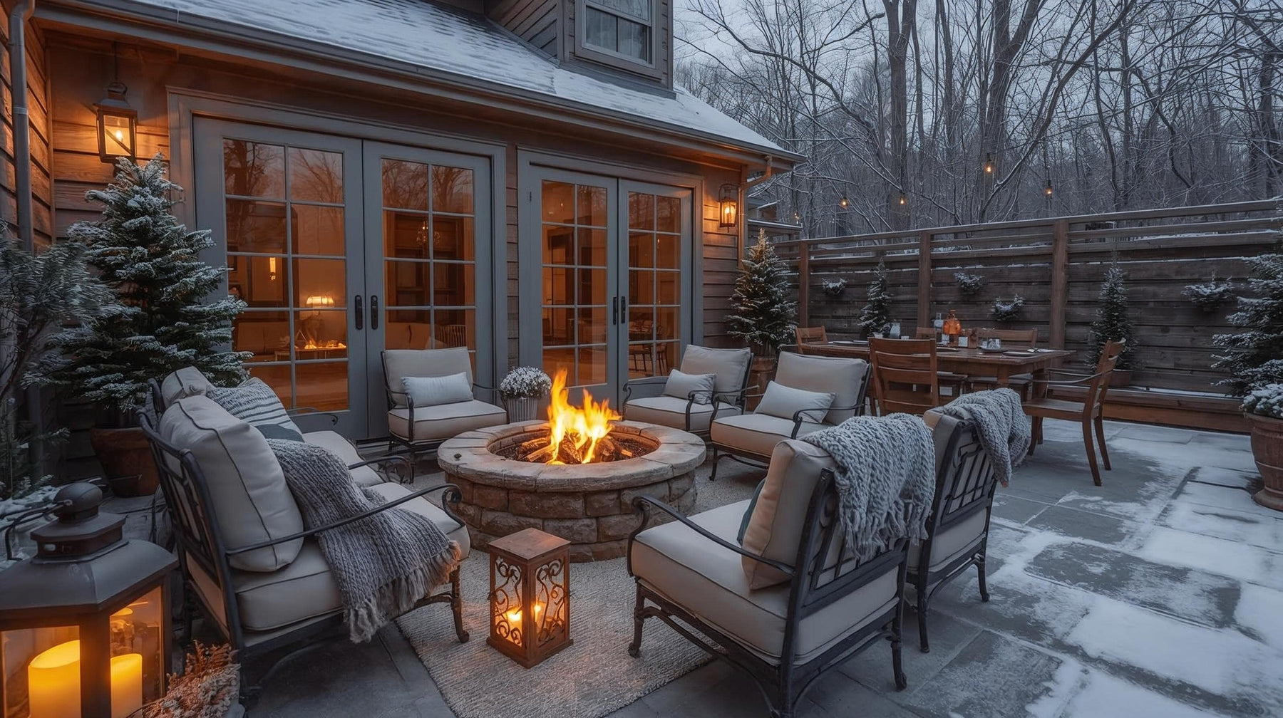 Cozy winter patio with fire pit and seating