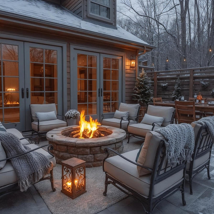 Cozy winter patio with fire pit and seating