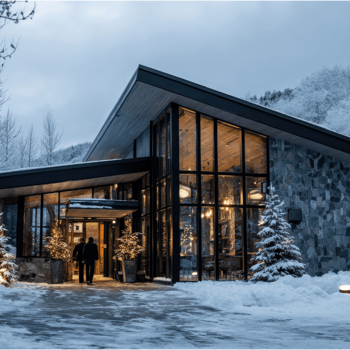 Modern winter cabin with warm lights and a clear snowy entry path, illustrating holiday hosting tips for outdoor spaces.