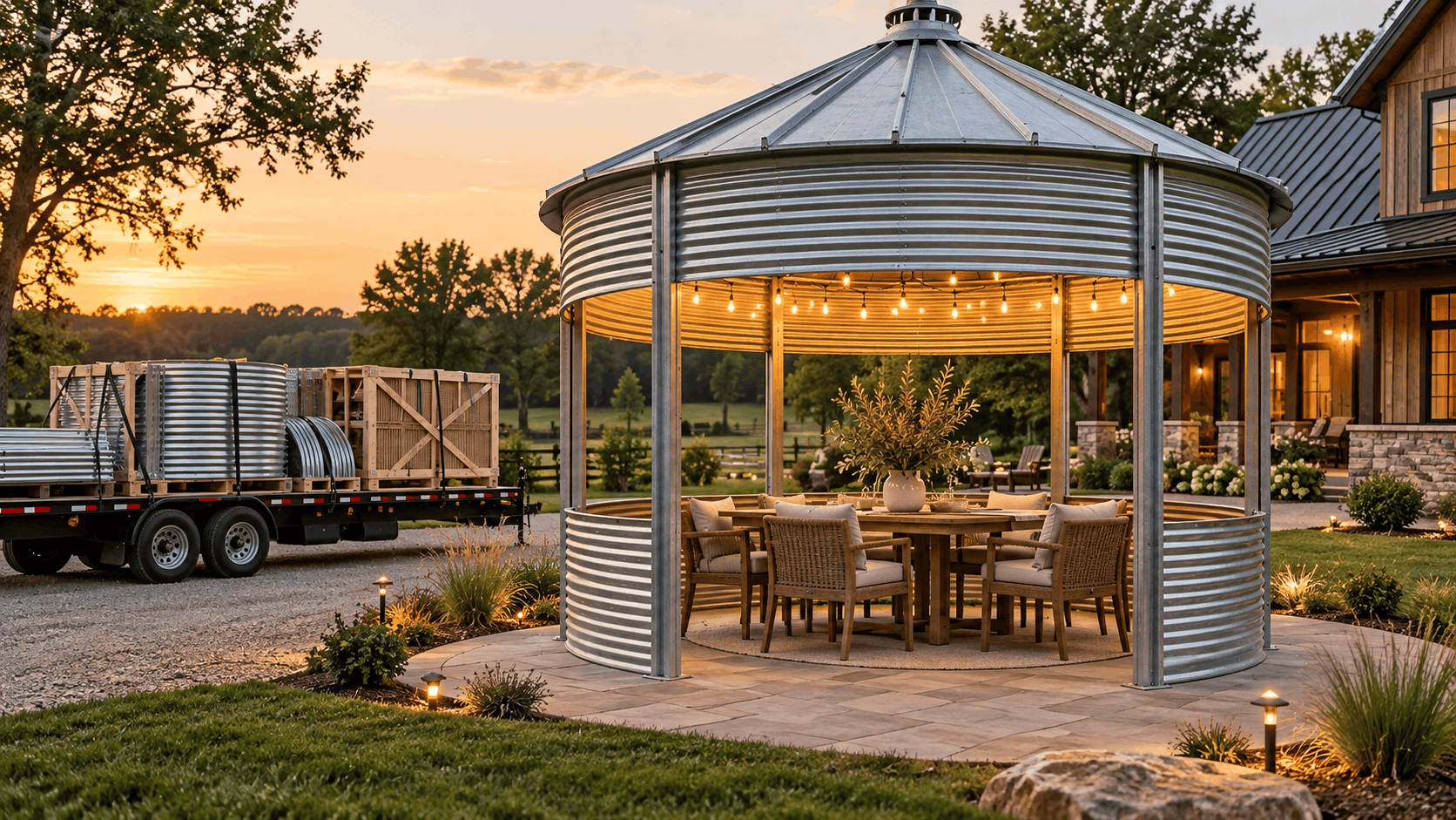 Grain bin gazebo kit beside a freight trailer carrying galvanized components, showing the delivery and installation process for a new gazebo.