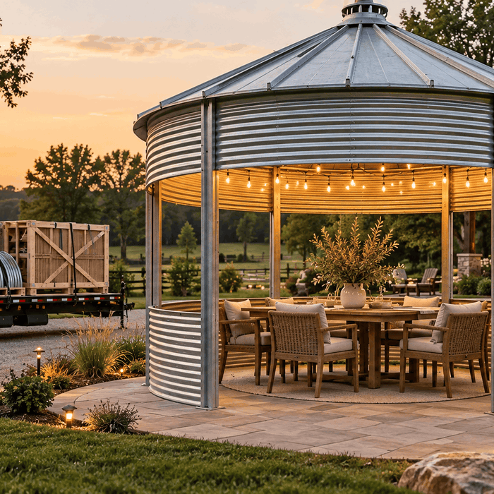 Grain bin gazebo kit beside a freight trailer carrying galvanized components, showing the delivery and installation process for a new gazebo.
