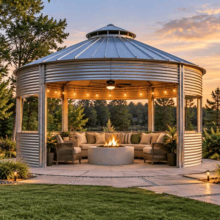 Grain bin gazebo with a centered gas fire pit, cushioned seating, string lights, and landscaped patio at sunset.