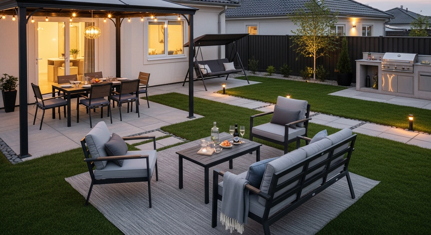 Guest-ready Airbnb outdoor space with dining area, lounge seating, pergola coverage, and evening lighting