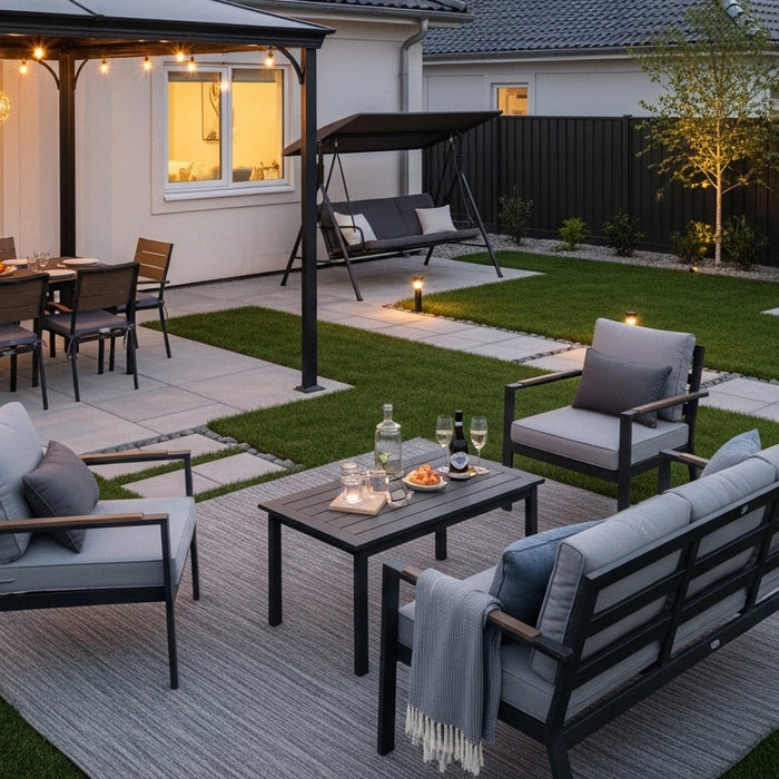 Guest-ready Airbnb outdoor space with dining area, lounge seating, pergola coverage, and evening lighting
