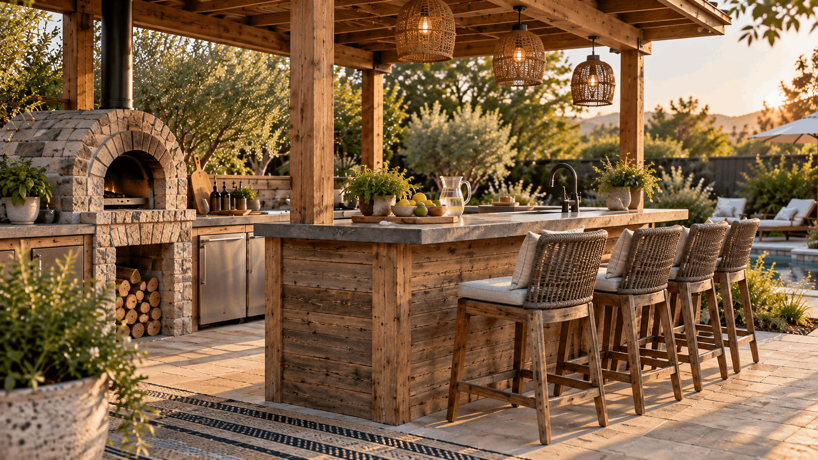 Durable outdoor bar under a wood pergola with stone pizza oven, seating, and weather-resistant finishes