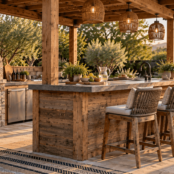 Durable outdoor bar under a wood pergola with stone pizza oven, seating, and weather-resistant finishes