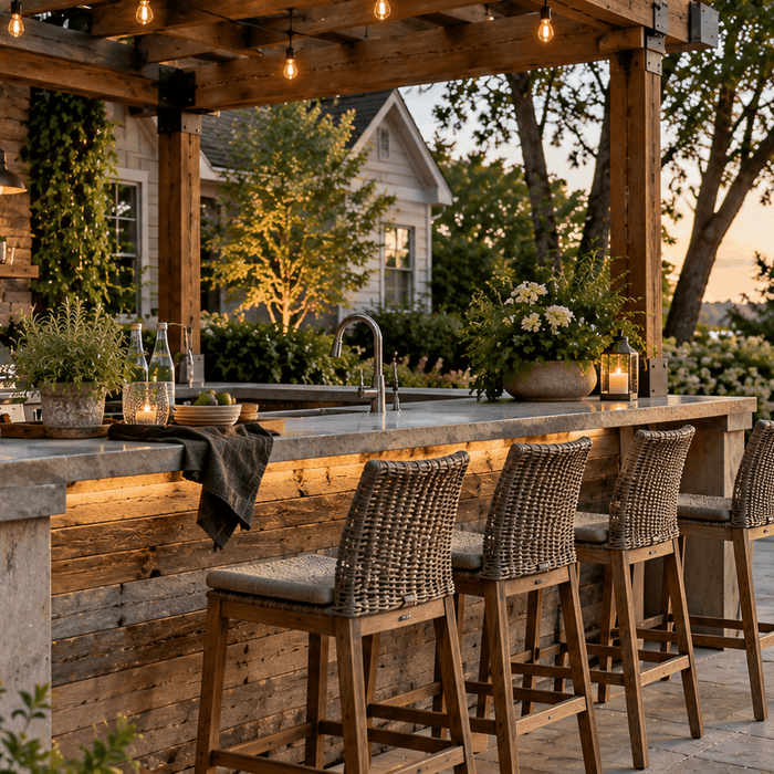 Well-maintained outdoor bar with stone countertop, bar stools, grill, sink, and simple cleaning setup in a backyard patio