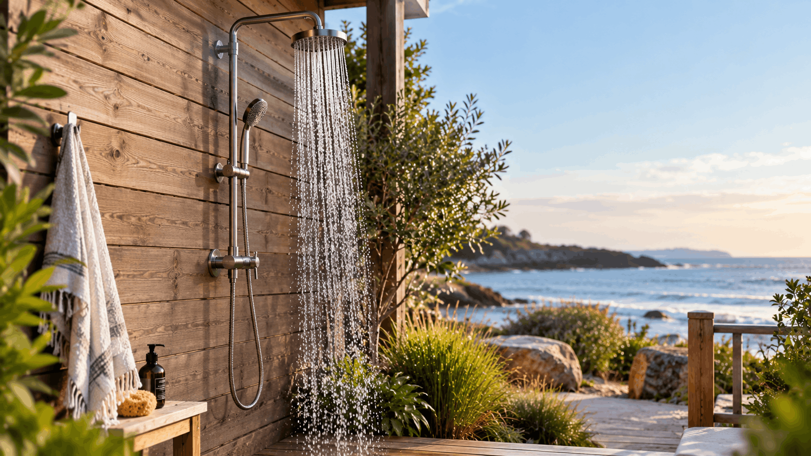 Marine-grade stainless steel outdoor shower in a coastal setting, designed to resist rust and corrosion
