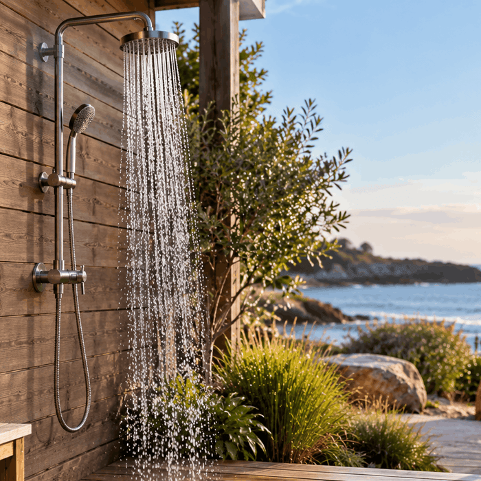 Marine-grade stainless steel outdoor shower in a coastal setting, designed to resist rust and corrosion