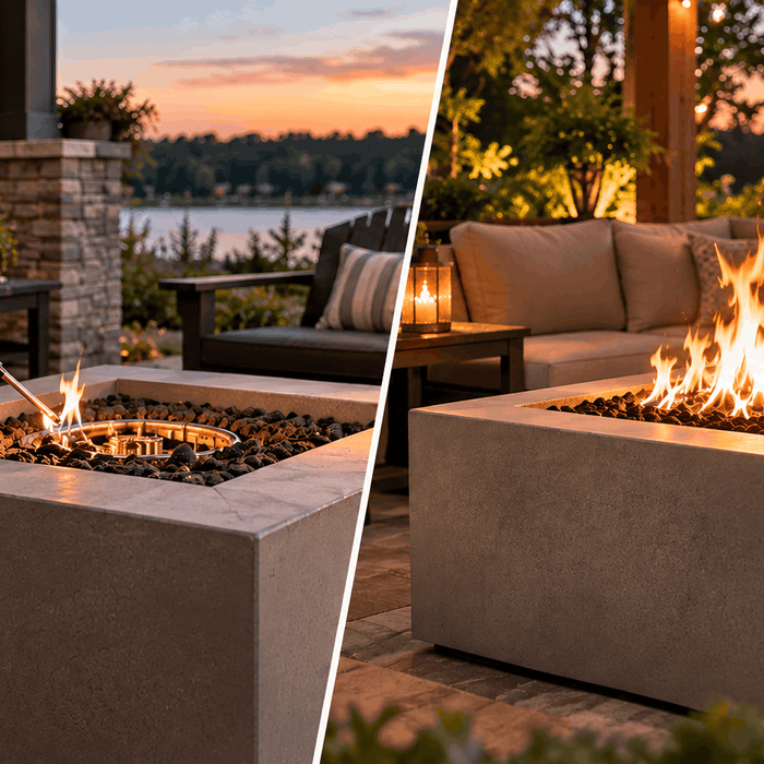 Side-by-side comparison of a manually lit gas fire pit and an unattended gas fire pit representing match-light and Mercury safety pilot ignition options.