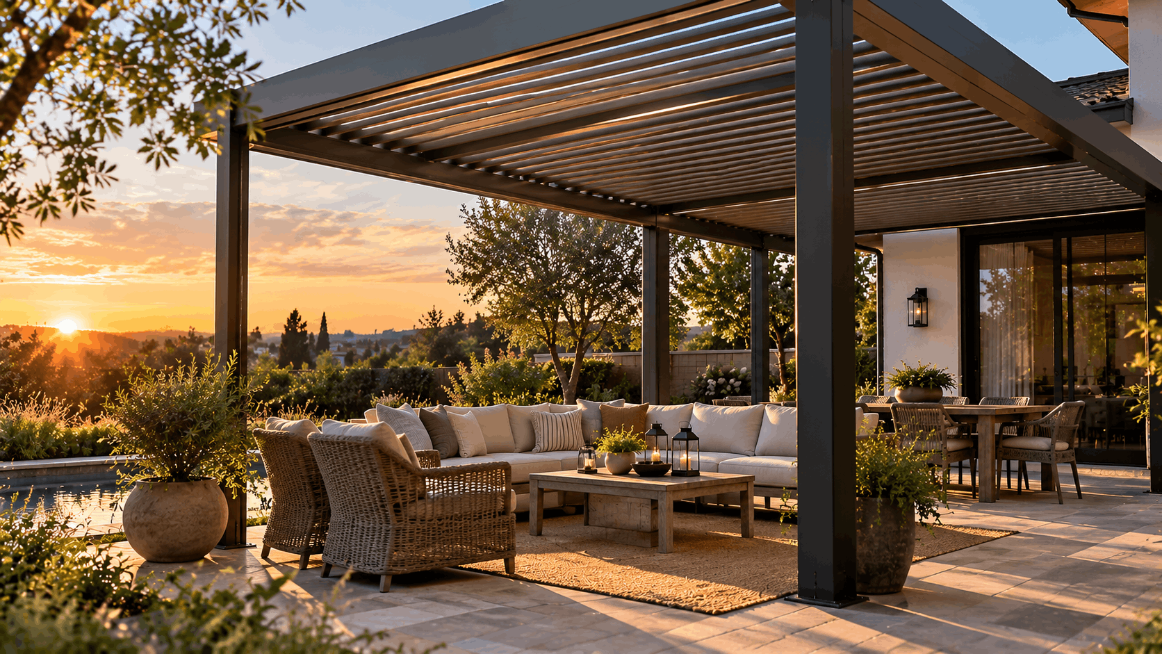 Modern aluminum louvered pergola shading a landscaped backyard lounge and dining area at sunset