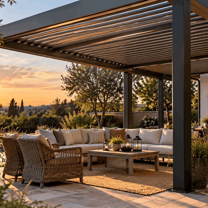 Modern aluminum louvered pergola shading a landscaped backyard lounge and dining area at sunset